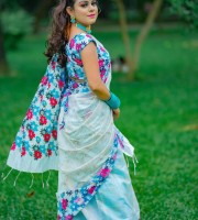 JolPori Halfsilk Screen Print Saree With Blouse Sky Blue