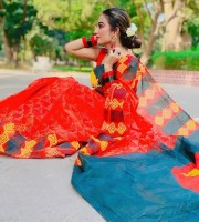 Lal Sobuj Halfsilk Screen Print saree