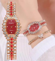 Women Watches With Bracelet Shiny Stone Red Color