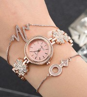 Gold Flower Diamond Ladies Gift Watch, Bangle & Bracelet Set