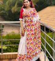JolPori Halfsilk Screen Print Saree With Blouse
