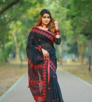 Black Red Halfsilk Embroidery Saree EM-130